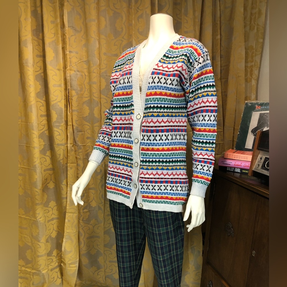 Vintage 90’s LizSport White Fair Isle Cardigan Liz Claiborne Liz Wear